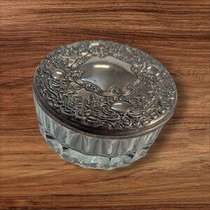 Vintage Glass Powder Jar With Ornate Silver-Tone Lid 3.5" Diameter Preowned